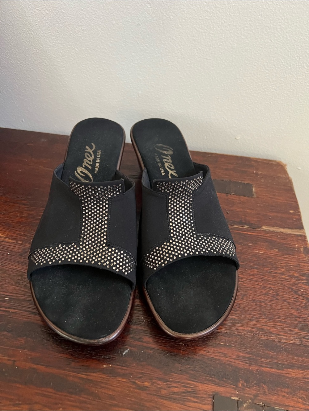 Onex Black Slide Mule heels with Studded T-Strap